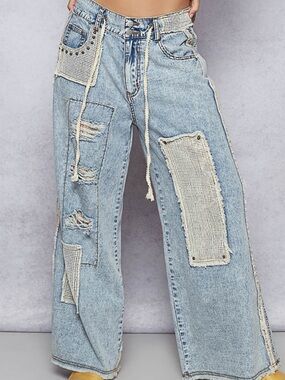 POL Light Blue Wide Leg Distressed Patch Jeans